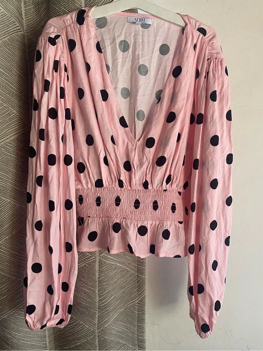 AFRM Pink Blouse with Black Polka Dots, V-Neck Smocked Waist Sz M